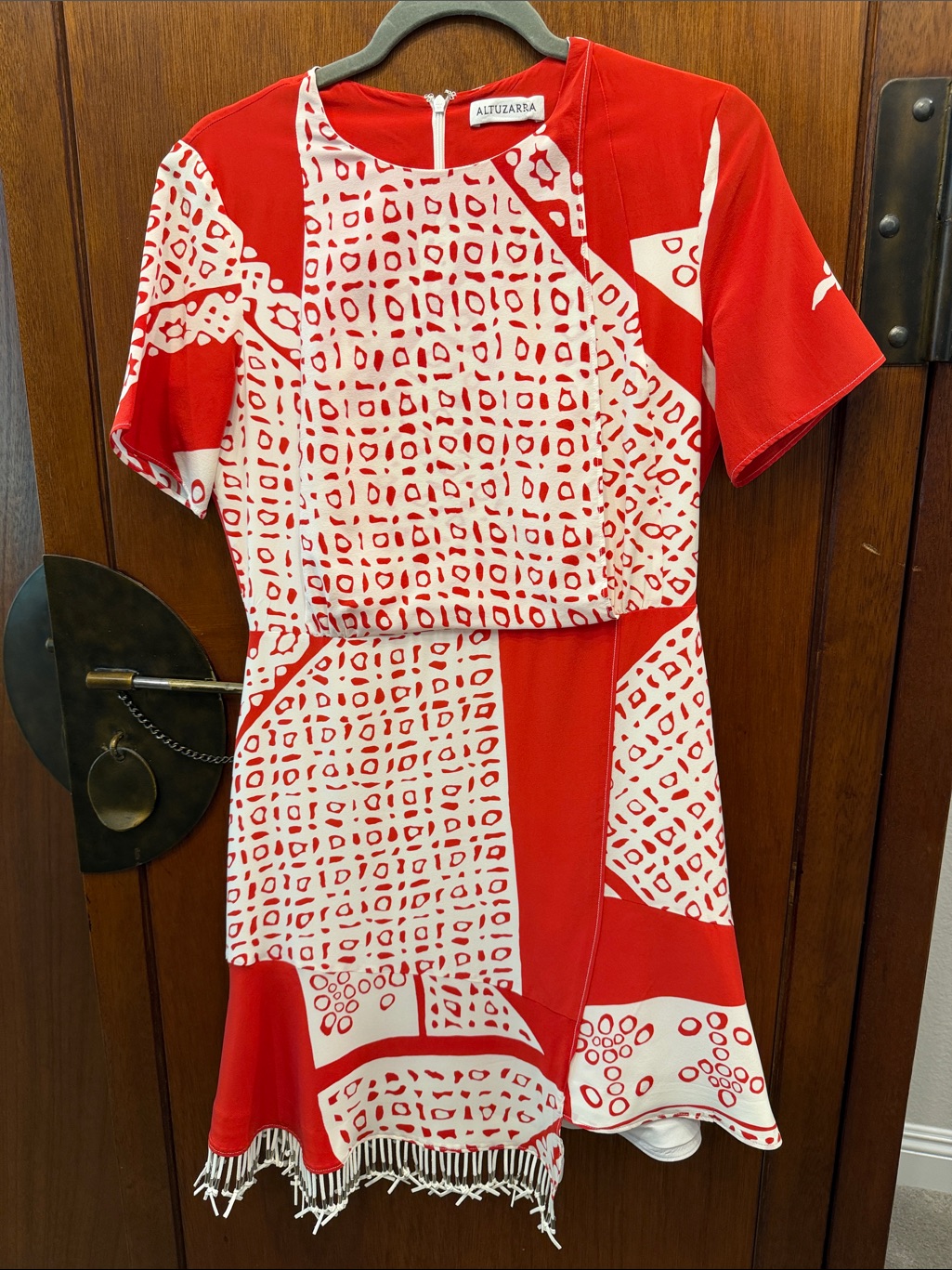 Altuzarra Red & White Patterned Tournelle Tea Dress With Silver Beading Size 38